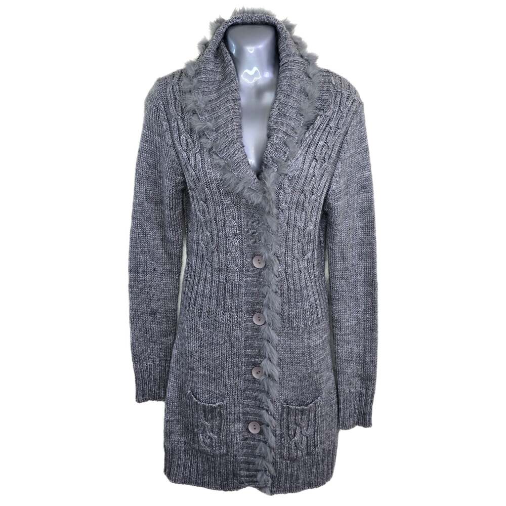 Lapis Gray Rabbit Fur Trim Cable Knit Long Cardigan Sweater Size L
